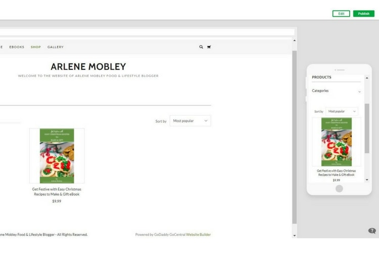 GoCentral preview building a shop page for a food blog