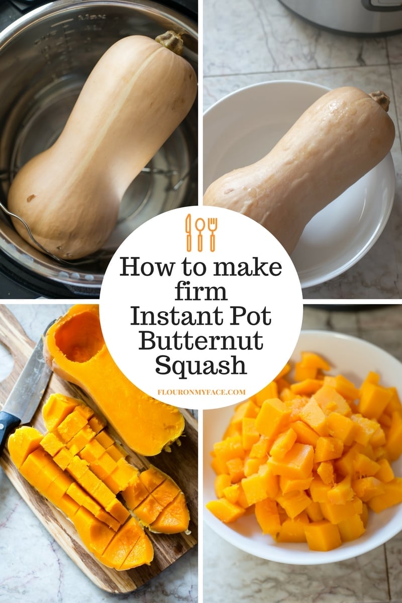 A 4 photo collage of the steps for making firm and cubed butternut squash in the Instant Pot.