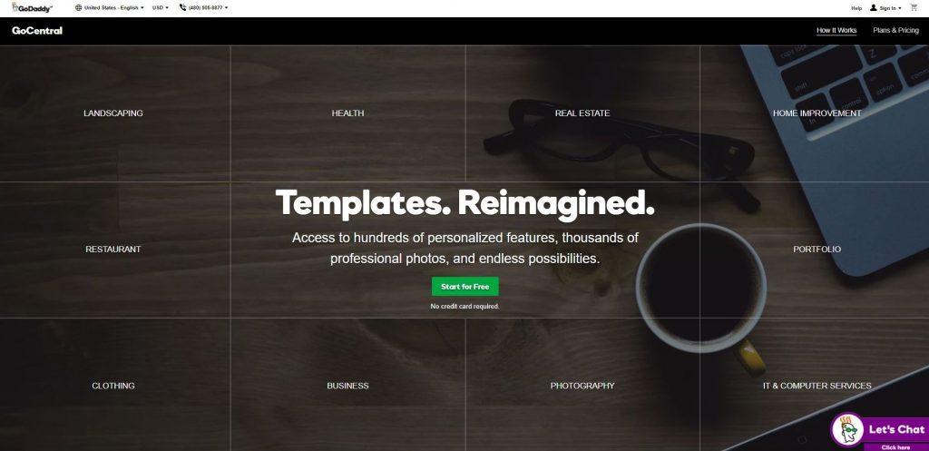 GoDaddy GoCentral comes with free templates to help you design your food business website.