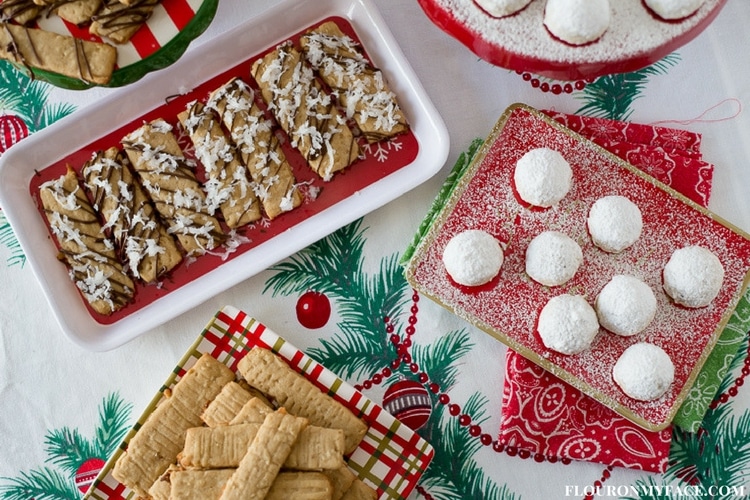 Cookie Exchange recipes - Mexican Wedding Cookies on a red holiday serving plate and Coconut Washboard cookies on holiday plates