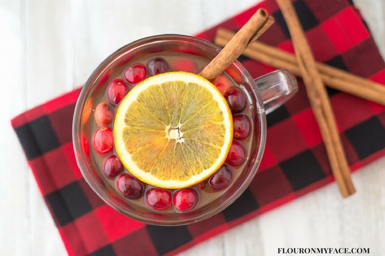 Hot Apple Cider Christmas Wassail recipe served in a mug on a black and red plaid cloth napkin with fresh cranberries, an orange slice and a cinnamon stick for garnish.