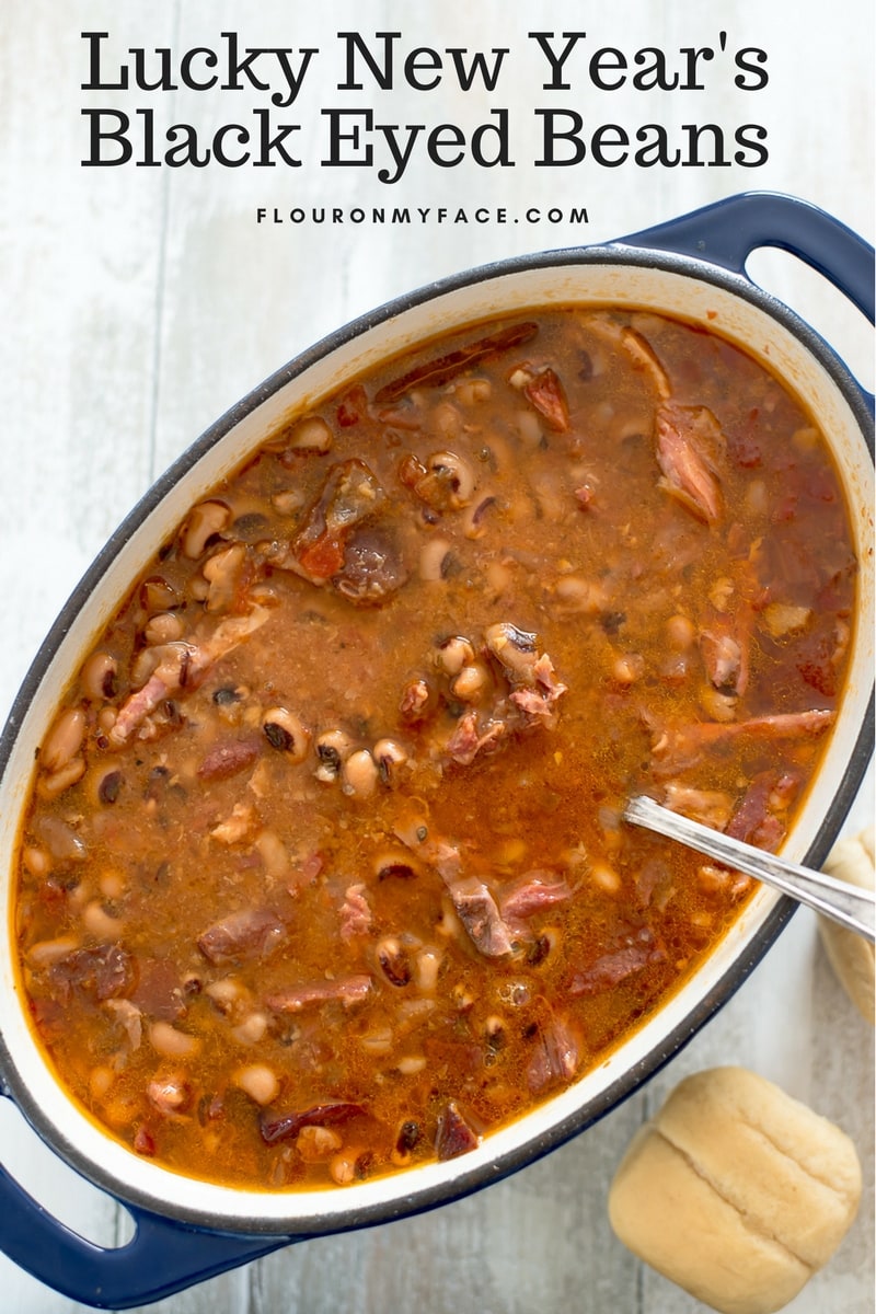Lucky New Years Black Eyed Beans recipe served in a blue cast iron casserole