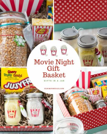 Collage image of movie night gift basket.