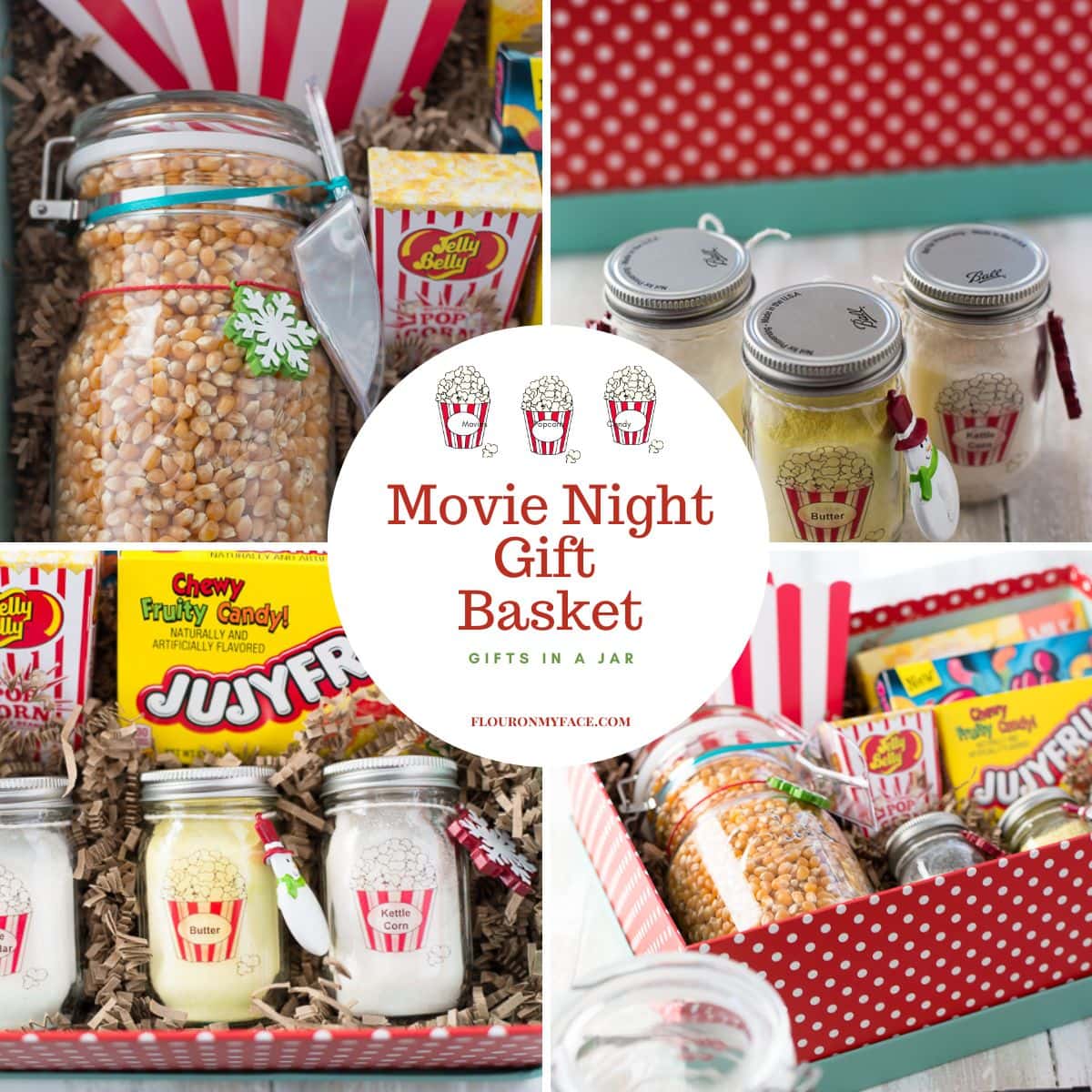 Collage image of movie night gift basket.