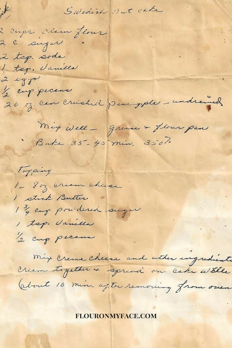 Old Handwritten Vintage Swedish Nut Cake recipe on a stained piece of paper.