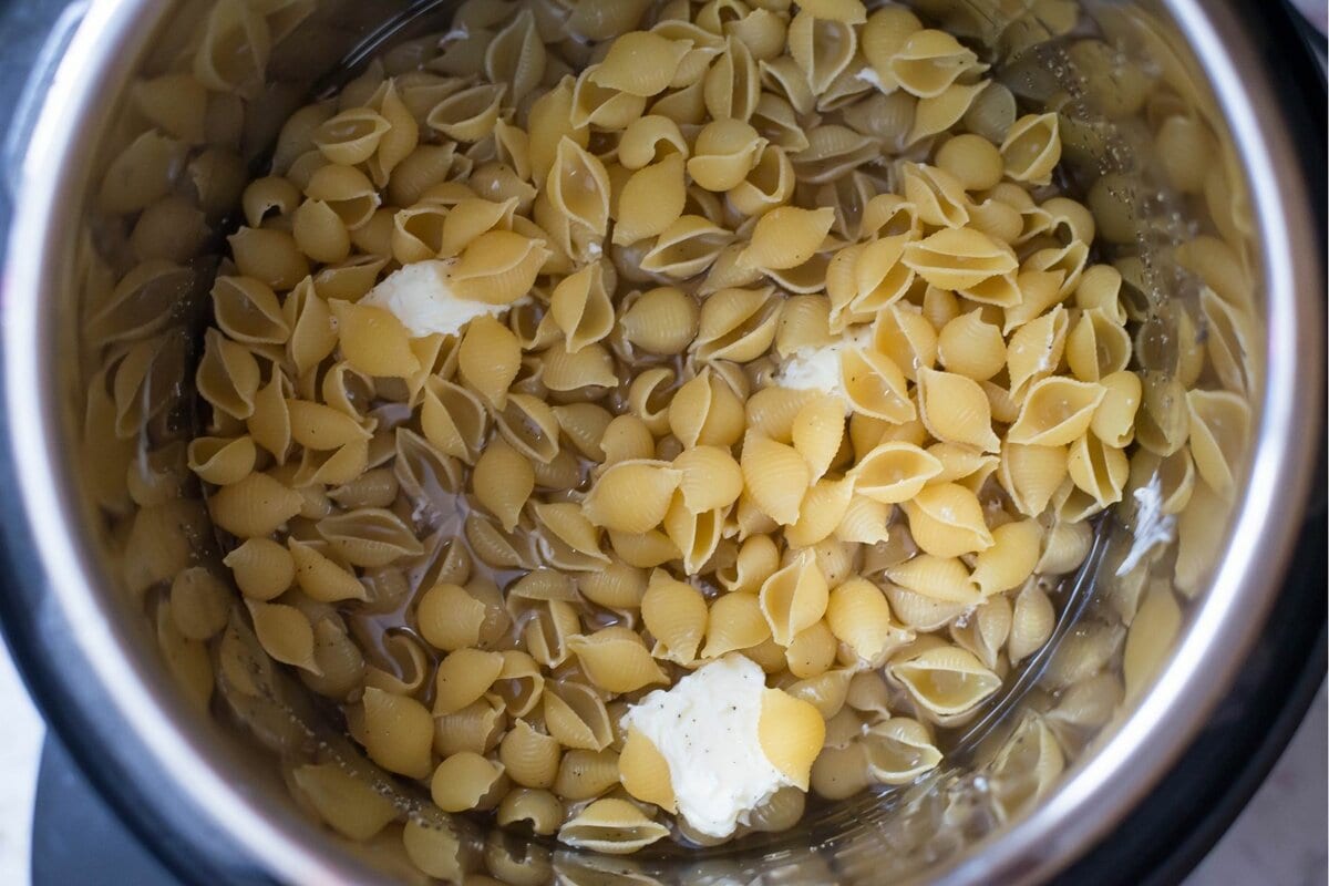 Looking down into the pot of macaroni before cooking.