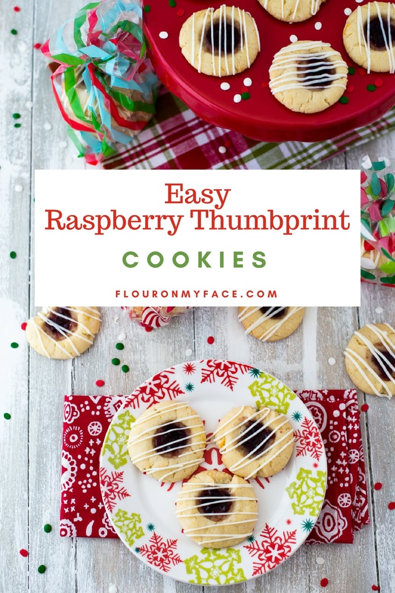 Raspberry Thumbprint Cookies served on a festive red and green Christmas plate