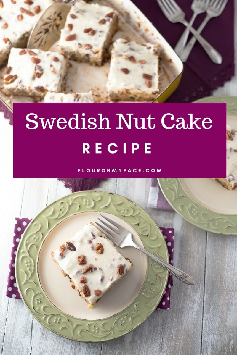 Swedish Nut Cake recipe cut into squares and served on a green plate.