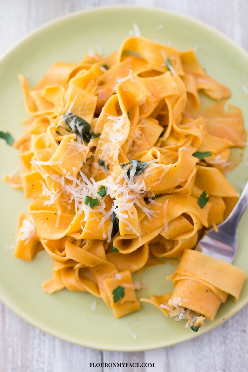 A single serving of Creamy Vegetarian Pappardelle recipe made with butternut squash sauce.