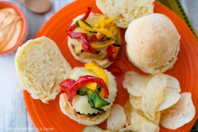 AirFryer Chicken Slider recipe served with airfryer bell peppers on homemade slider buns with spicy mayonnaise. 