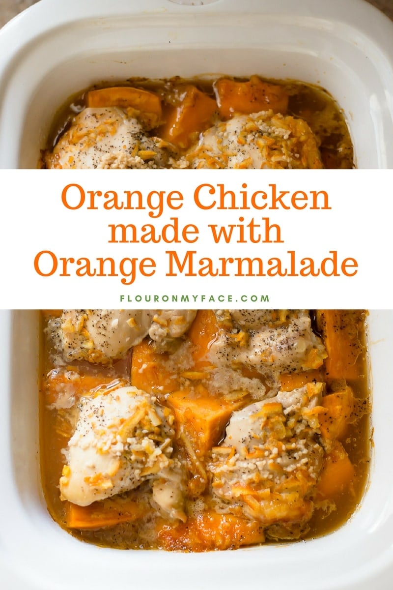 Casserole crock pot filled with chicken thighs and sweet potatoes cooked until tender