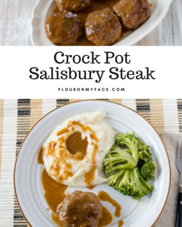 Crock Pot Salisbury Steak recipe on a platter with one dish serving with sides.