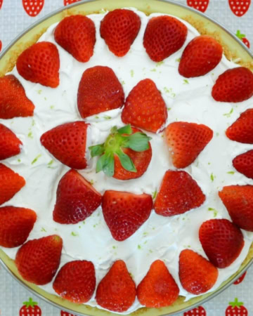 Overhead image of uncut no bake strawberry cheesecake pie.