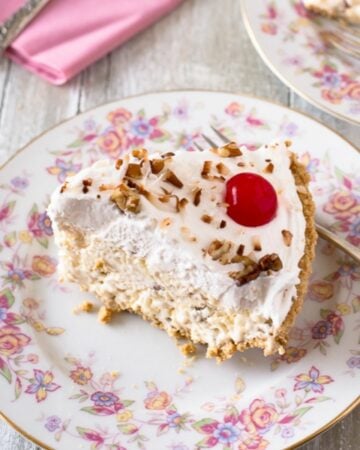 A slice of creamy Million Dollar Pie of a dessert plate.