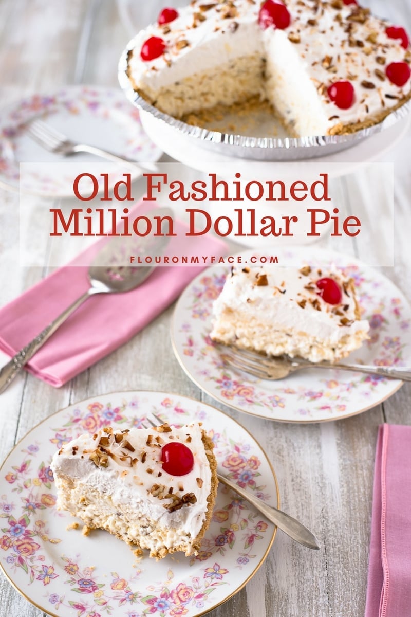 Old Fashioned Million Dollar Pie recipe on a floral vintage dessert plate with pink cloth napkins and vintage silverware.