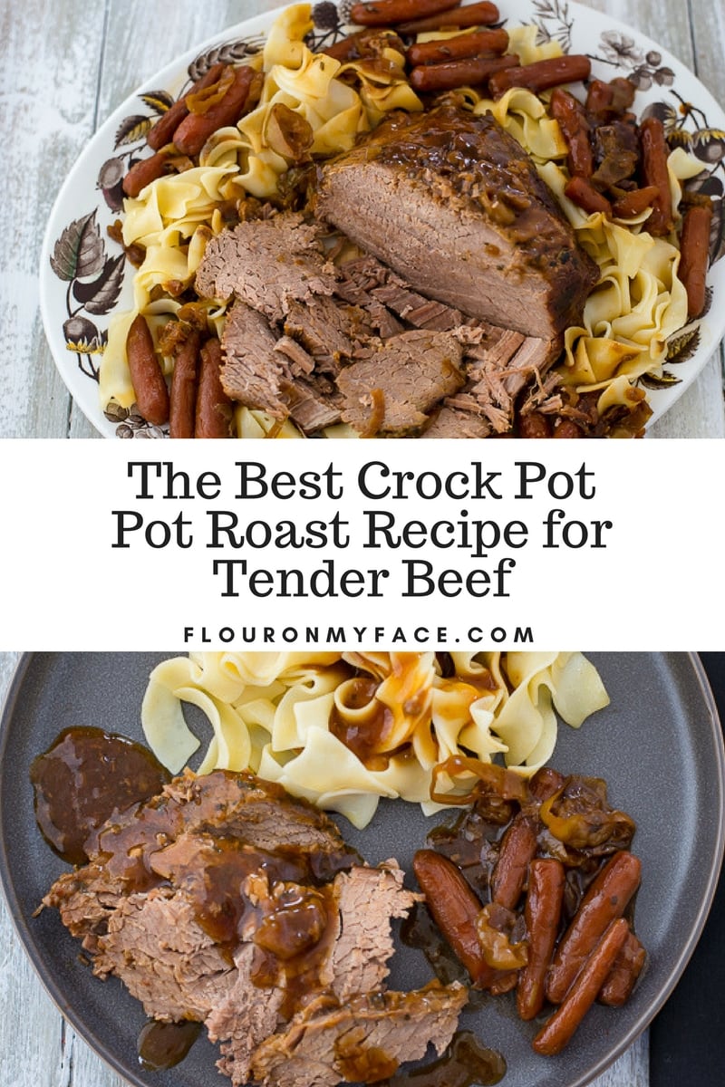 Crock Pot Mississippi Pot Roast served with buttered egg noodles and baby carrots.
