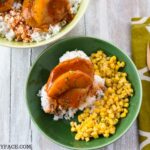 Easy Crock Pot Spicy Peach Pork Chops recipe in a bowl.