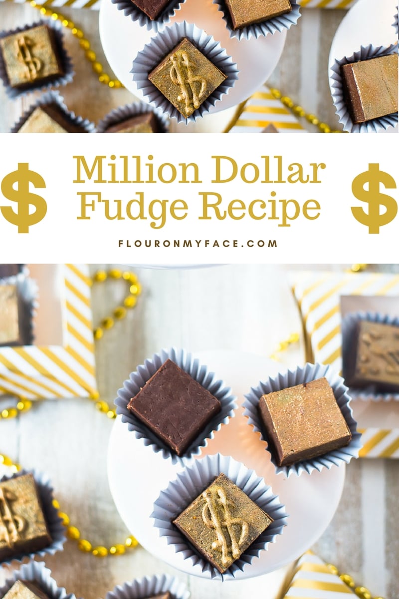 Old Fashioned Million Dollar Fudge recipe cut into 1 inch squares then colored gold with edible decorating dust