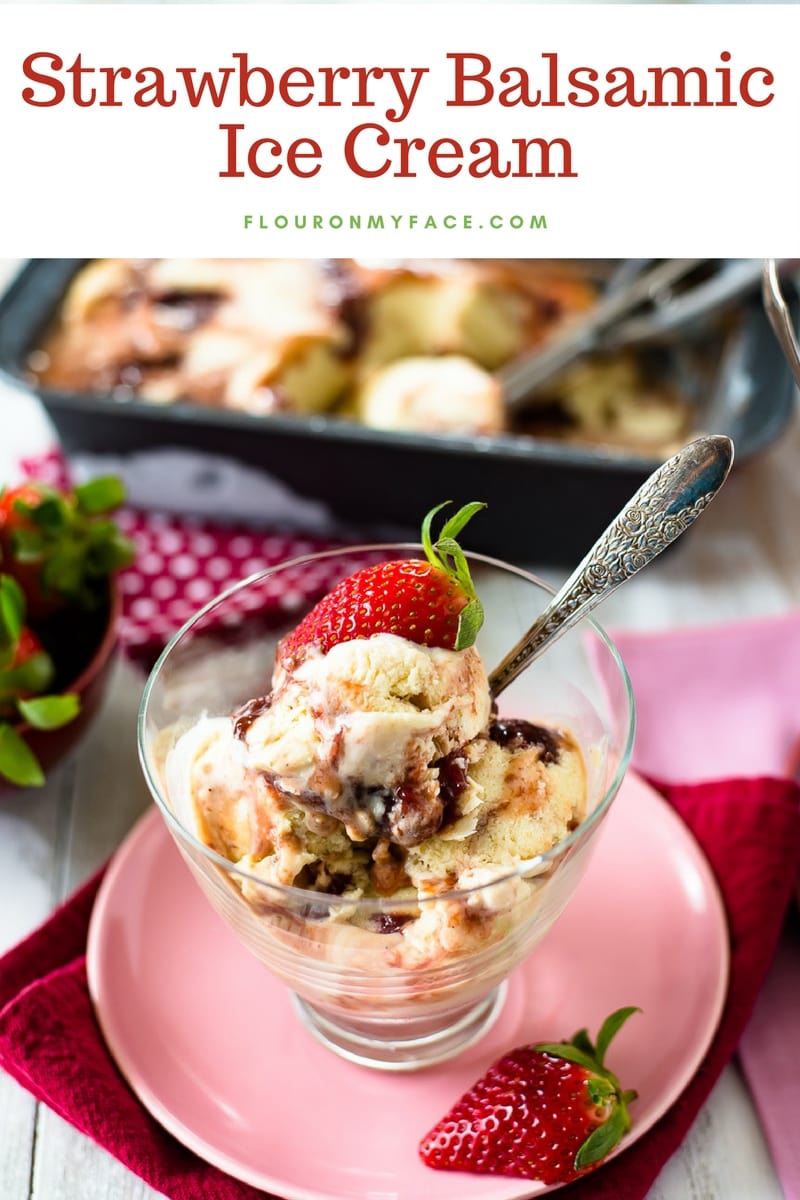 Strawberry Balsamic Ice Cream in a ice cream glass served with fresh strawberries