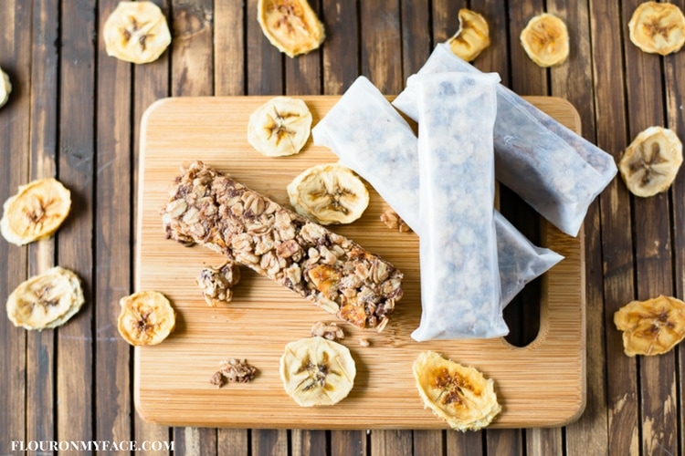 Homemade Banana Chocolate Chip Granola bars wrapped up for an easy snack or lunch box option.
