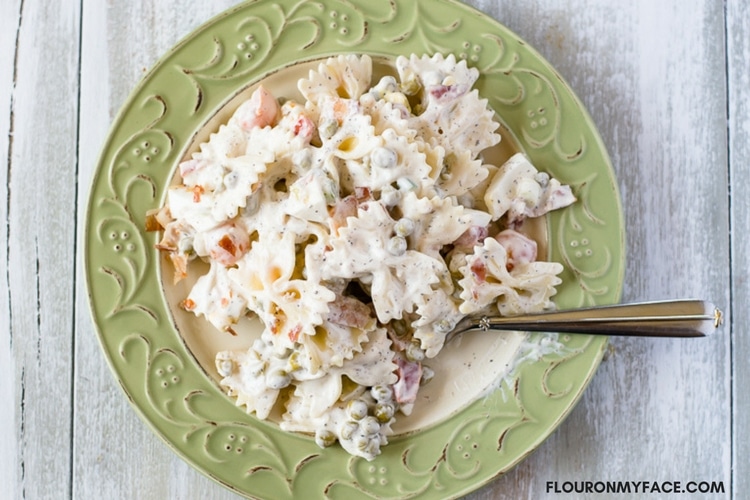A serving of creamy Pea and Pasta Salad recipe 