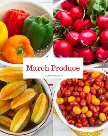 Collage image of bell peppers, radishes, carambola, and grape tomatoes.