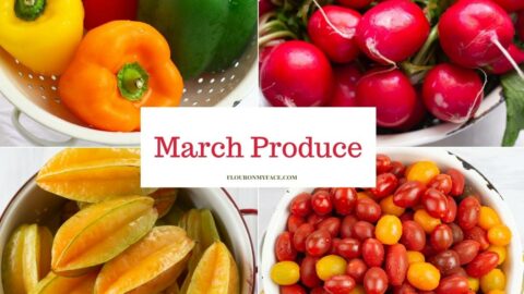 Collage image of bell peppers, radishes, carambola, and grape tomatoes.