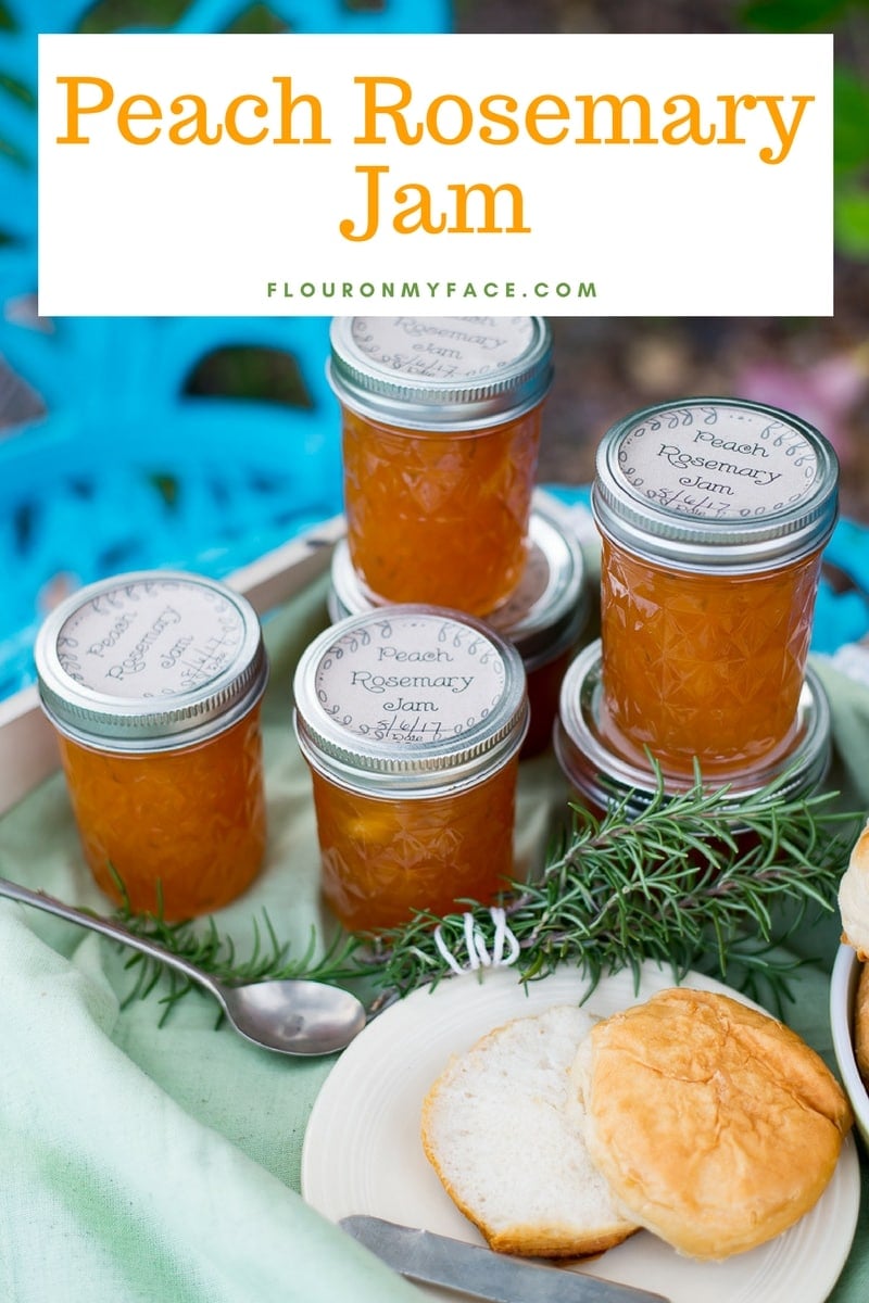 Peach Rosemary Jam recipe in mason jars served with biscuits