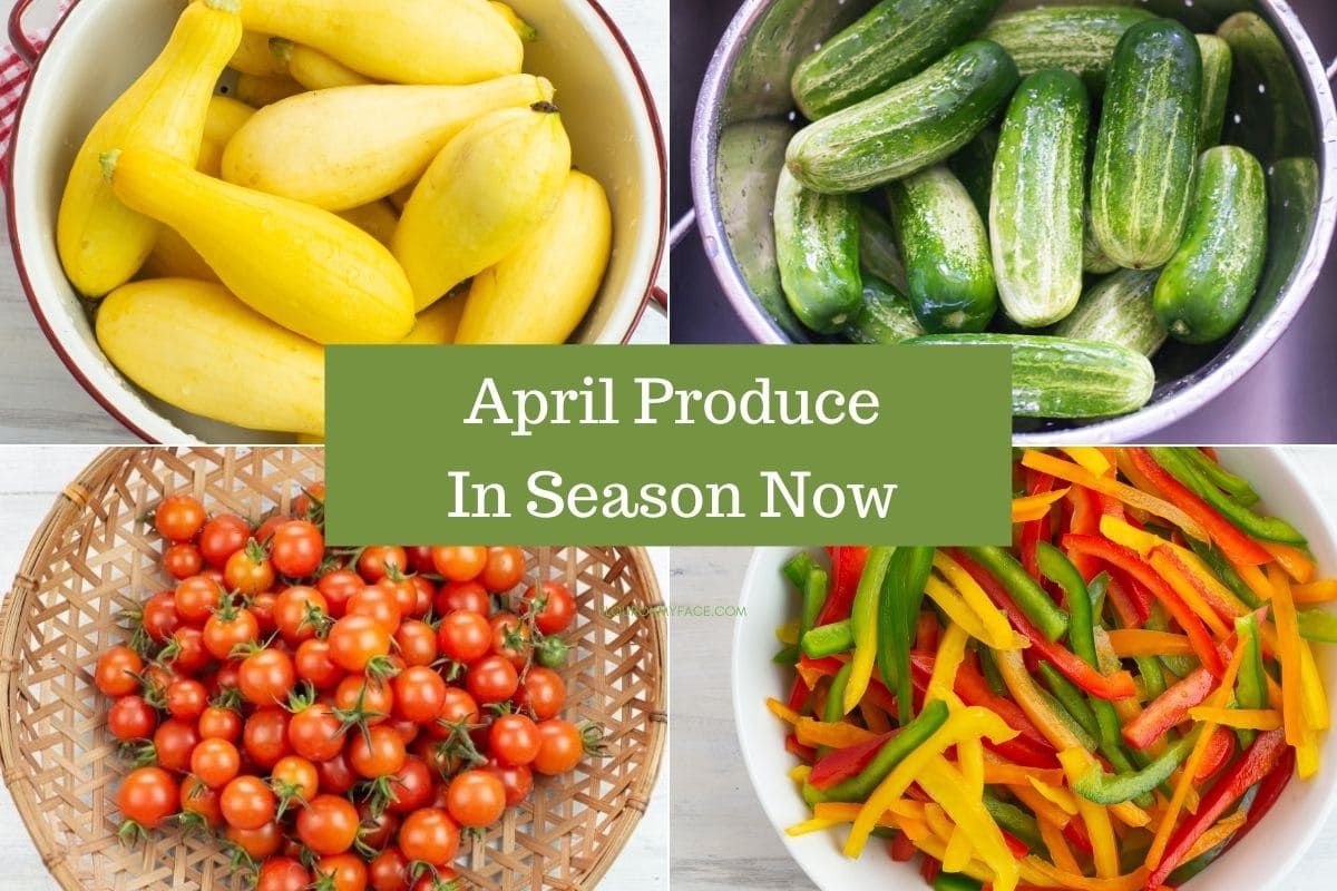 4 photo collage of squash, cucumbers, tomatoes, and sliced bell peppers.