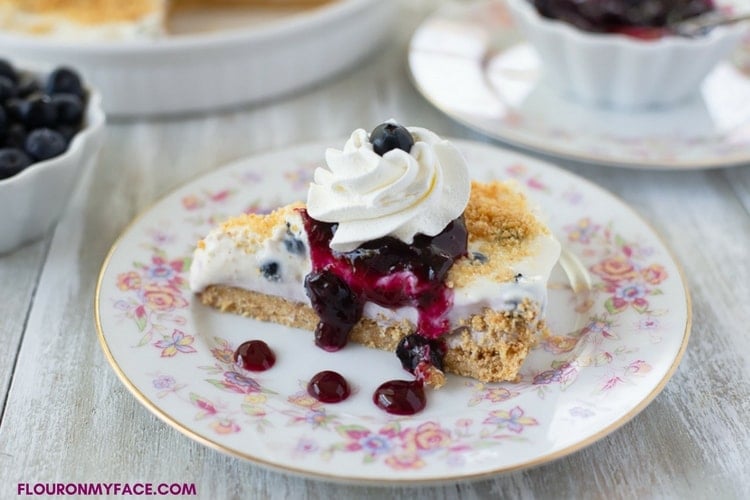 a serving of No-Bake Blueberry Cheesecake Pie 
