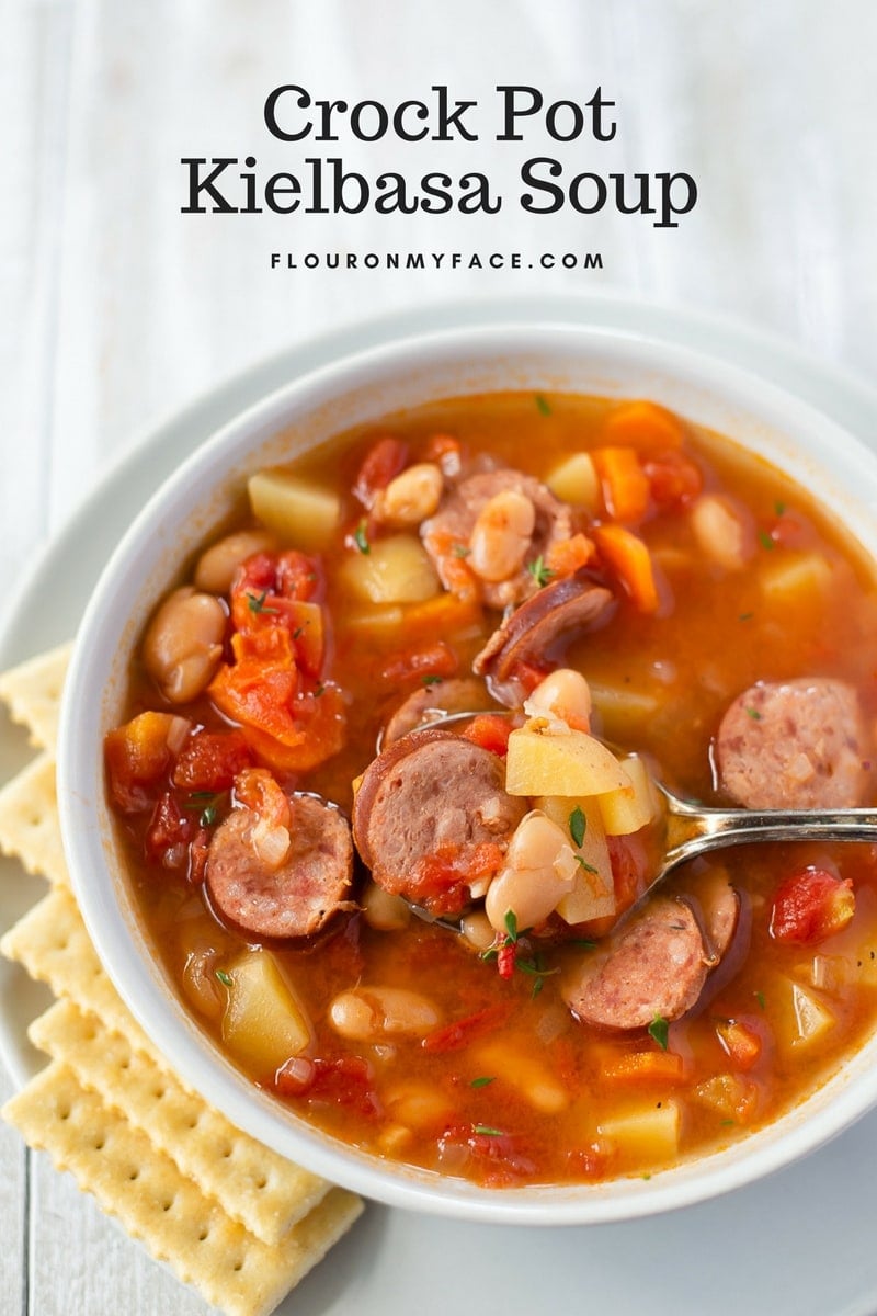 Crock Pot Kielbasa Soup recipe with potatoes, carrots and beans.