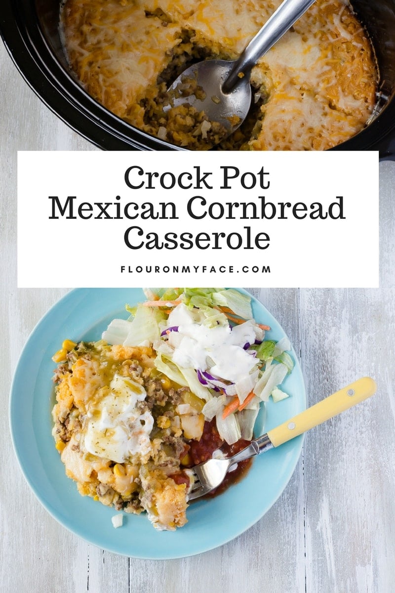 Crock Pot Mexican Cornbread Casserole recipe is layers of ground beef, cheese and real cornbread made with cornmeal.
