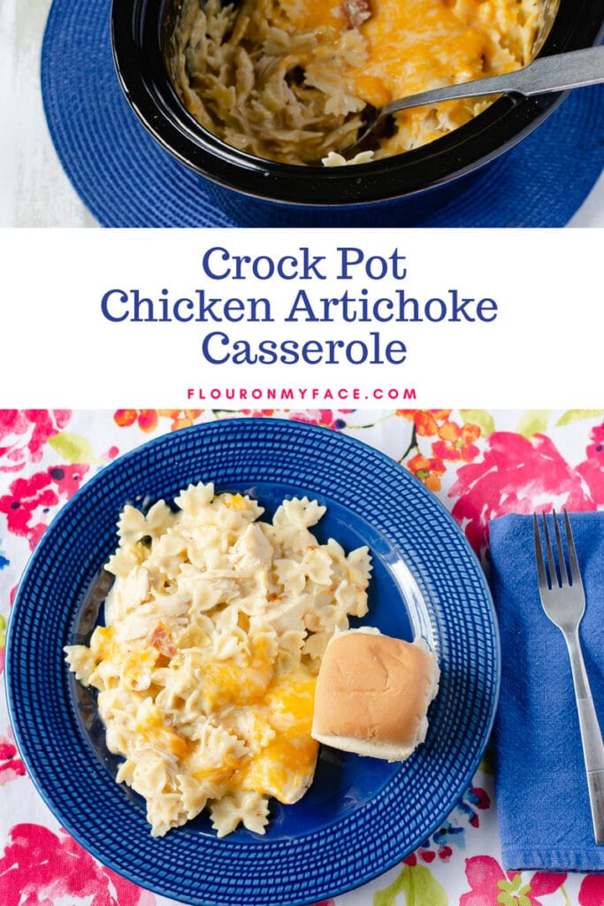Cheesy Crock Pot Chicken Artichoke Casserole on a blue plate served with a dinner roll