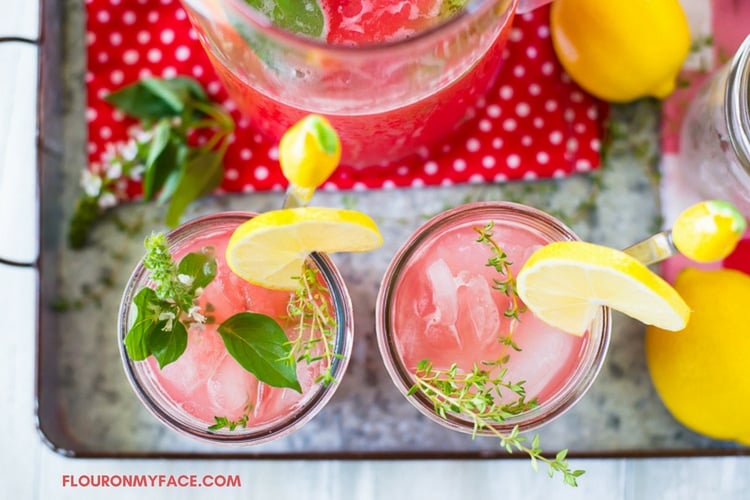 Watermelon Lemonade recipe using fresh lemons, watermelon and thyme simple syrup.