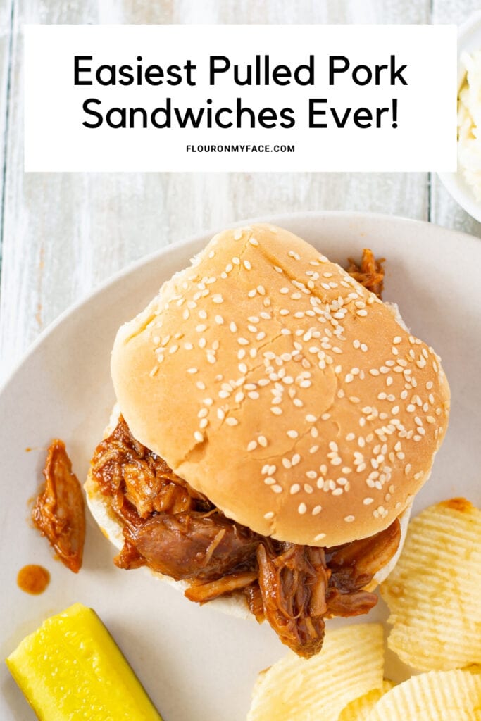 Pulled Pork Sandwich on a plate served with chips and a pickle