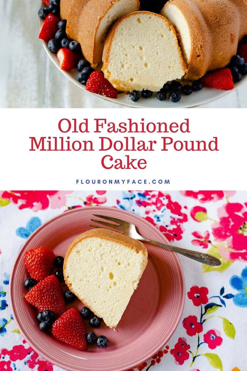 Million Dollar Pound Cake recipe served with berries on a pink cake plate with the whole Pound Cake on a cake stand surrounded with strawberries and blueberries.