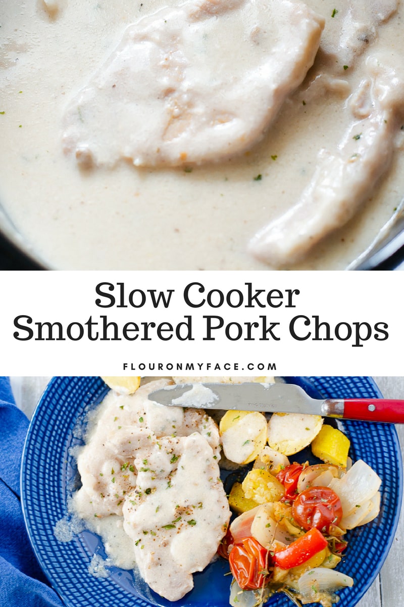 Crock Pot Pork Chops served with side dish potatoes and summer squash side dish recipe.