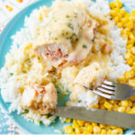 Unbreaded Crock Pot Chicken Cordon Bleu recipe served with white rice and corn.