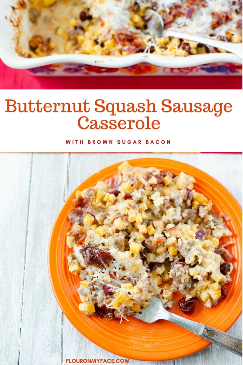 Butternut Squash Sausage Casserole recipe with brown sugar bacon is the perfect fall side dish recipe or main dish casserole recipe.