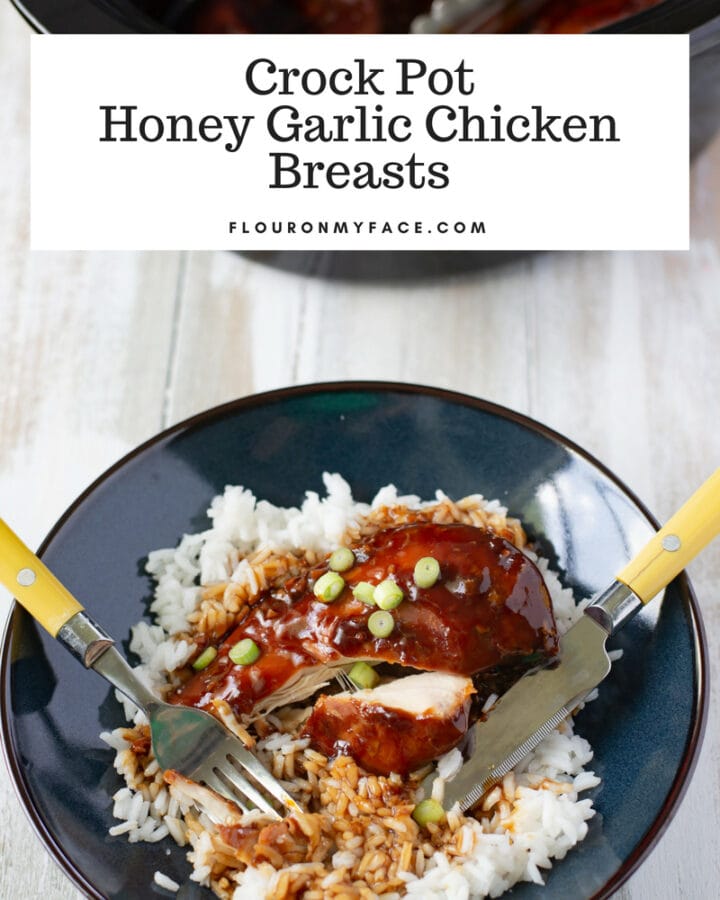 Crock Pot Honey Garlic Chicken Breasts served over a bed of white rice