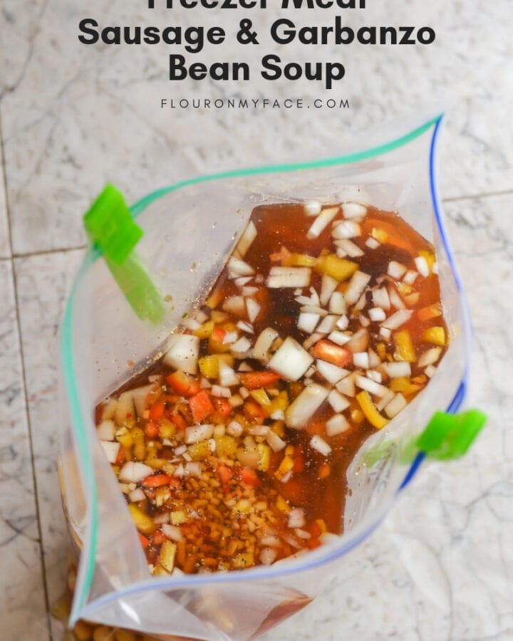 Freezer Meal Sausage Garbanzo Bean Soup recipe with crock pot and stove top cooking directions.