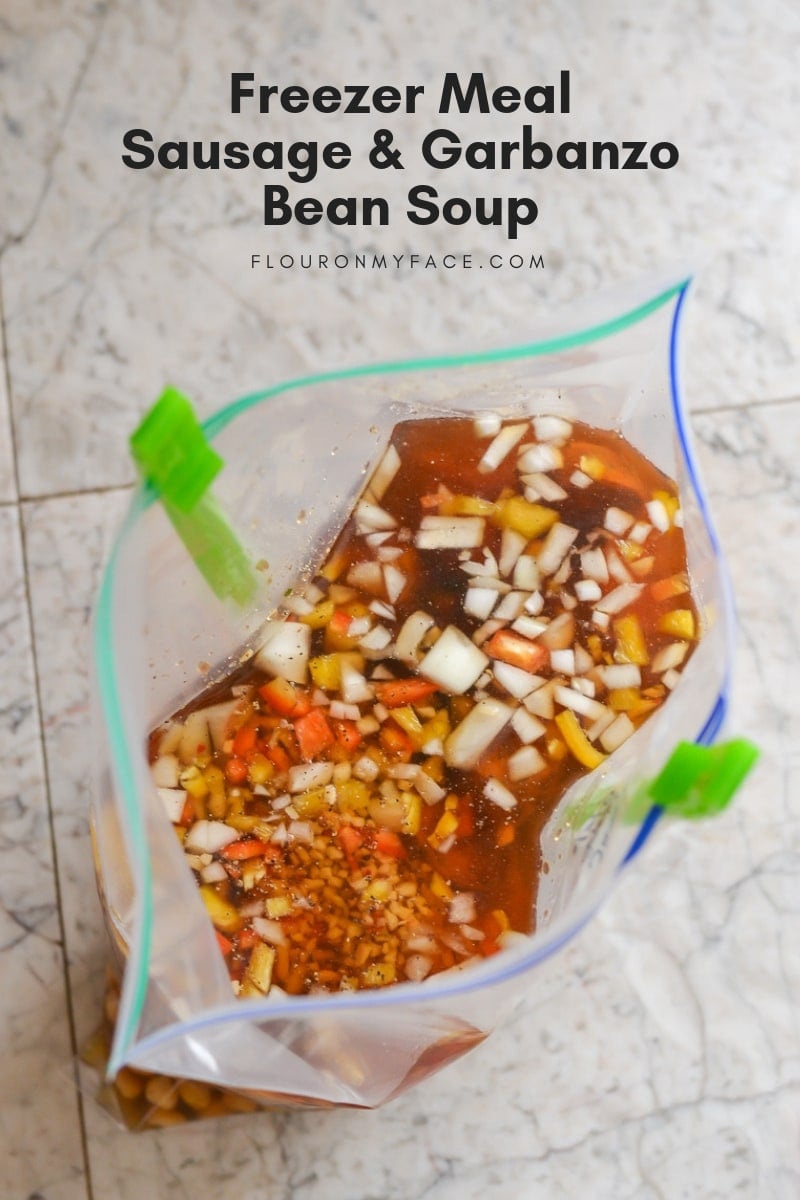 Freezer Meal Sausage Garbanzo Bean Soup recipe with crock pot and stove top cooking directions.