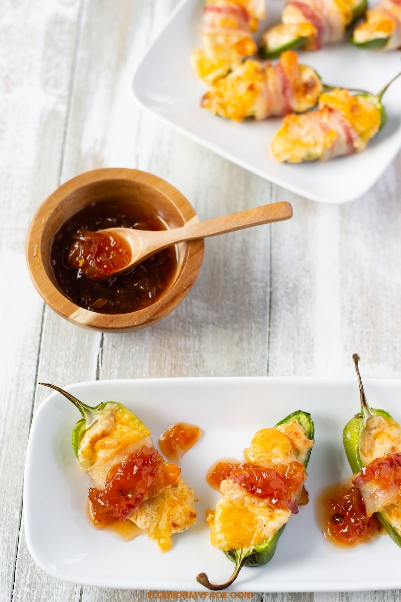 Shrimp Stuffed Bacon Wrapped Jalapeno Peppers with Spicy Peach Lime Chutney
