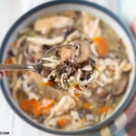 Closeup photo of a bowl of Instant Pot Chicken Wild Rice Mushroom Soup recipe