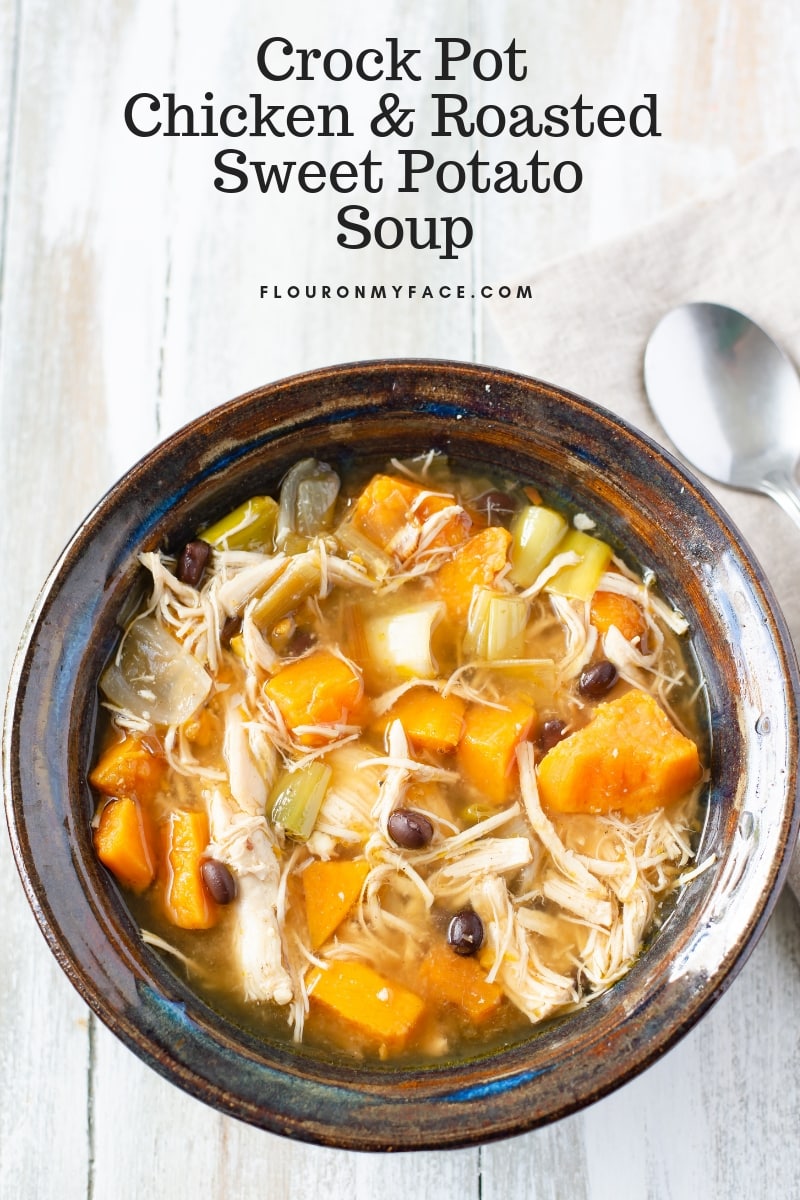 Crock Pot Chicken Roasted Sweet Potato Soup in a blue hand turned pottery bowl 