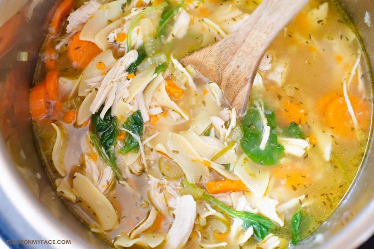 Overhead photo of the finished soup inside the pot.