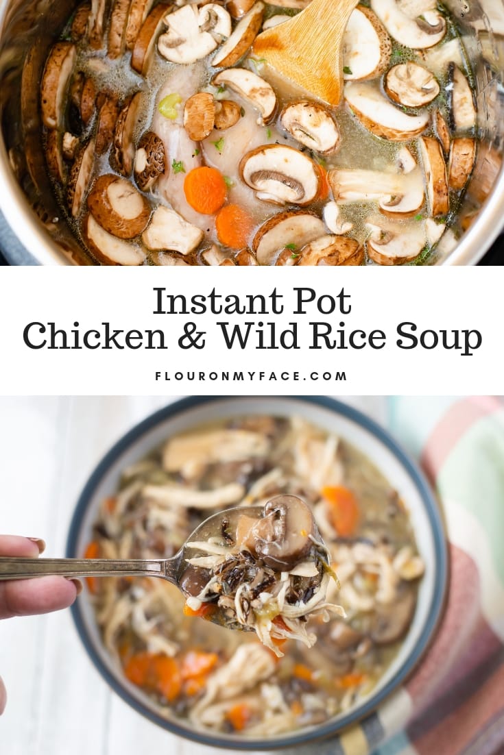 A collage image with the finished Instant Pot Chicken Wild Rice Mushroom Soup recipe and a bowl of the finished chicken soup