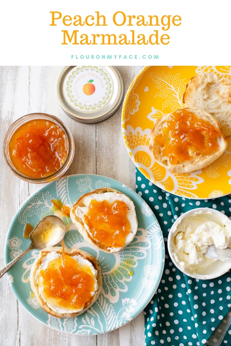 Homemade Peach Orange Marmalade on a toasted English muffin with cream cheese