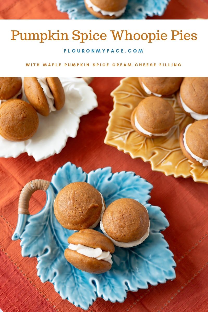Pumpkin Spice Whoopie Pie recipe with Maple Pumpkin Spice Buttercream frosting filling on a fall leaf serving plate