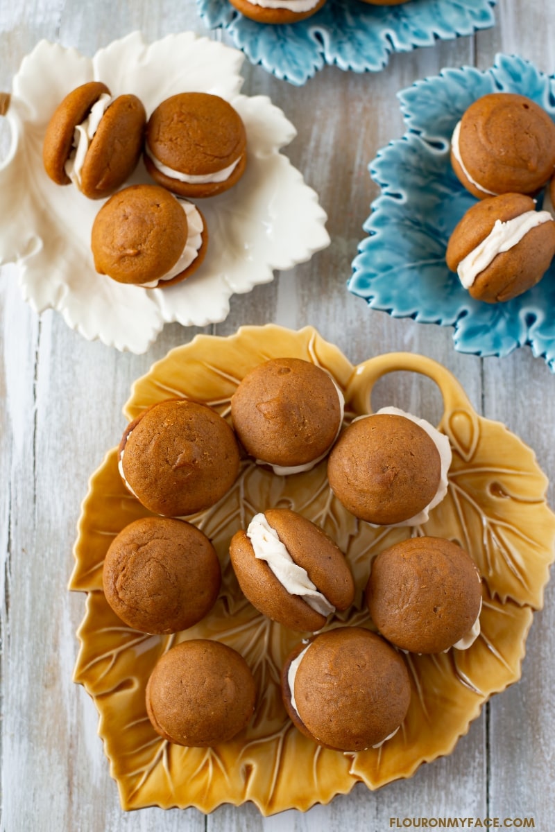 Fall inspired maple leaf serving plates with holiday Pumpkin Spice Whoopie Pies